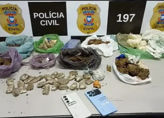 Objetos apreendidos pela polícia civil, incluindo celulares e diversas porções de drogas
