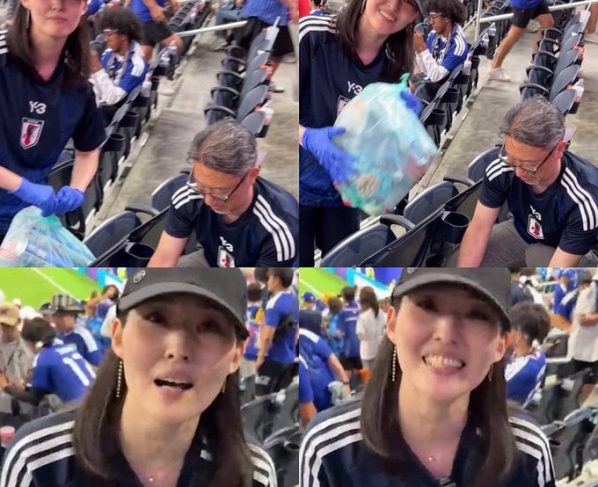 Japoneses limpando estadio