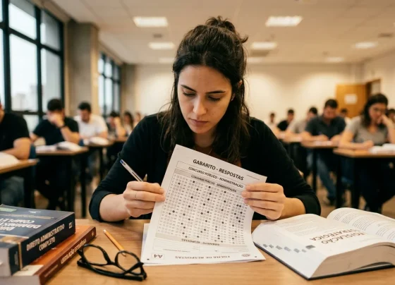Candidata focada preenchendo o cartão de respostas de um concurso público com caneta em sala de aula, cercada por livros de estudo e óculos sobre a mesa.