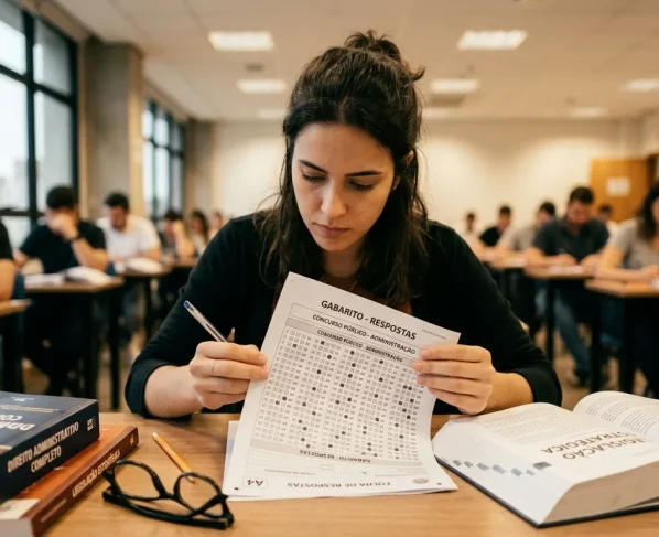 Candidata focada preenchendo o cartão de respostas de um concurso público com caneta em sala de aula, cercada por livros de estudo e óculos sobre a mesa.