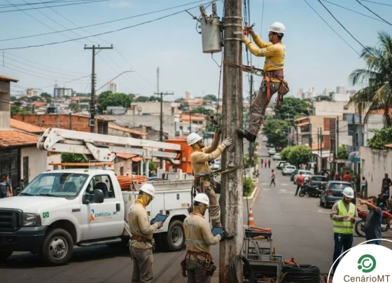 Técnicos da Energisa fazendo manutenção em poste de energia