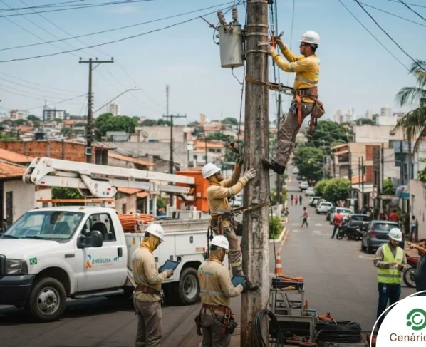 Técnicos da Energisa fazendo manutenção em poste de energia