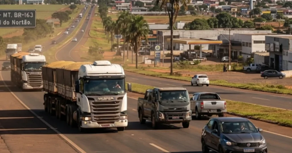 Veículos trafegando na BR-163 na região de Sinop em Mato Grosso