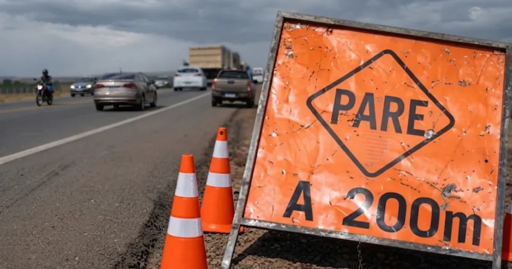 Veículos trafegando em rodovia sob cuidados de sinalização e obras