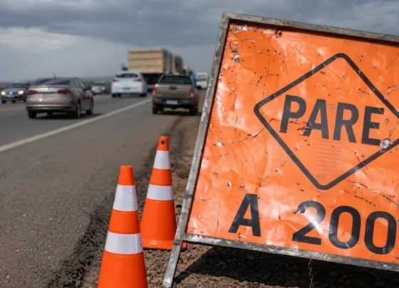 Veículos trafegando em rodovia sob cuidados de sinalização e obras