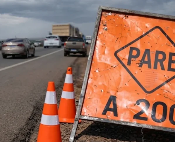 Veículos trafegando em rodovia sob cuidados de sinalização e obras