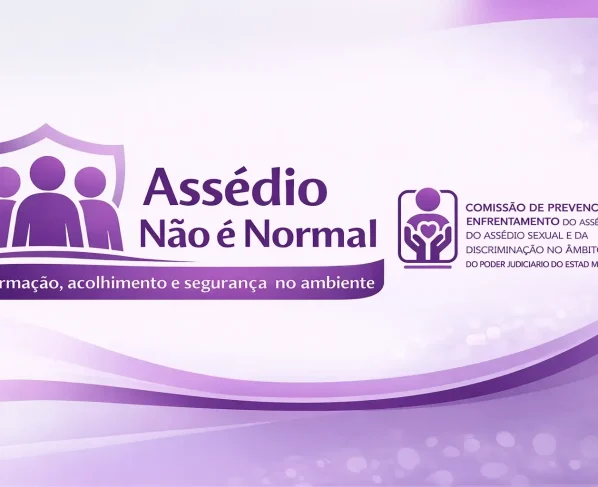 Arte gráfica roxa aborda assédio e não violência, com ilustração de pessoas e informações institucionais