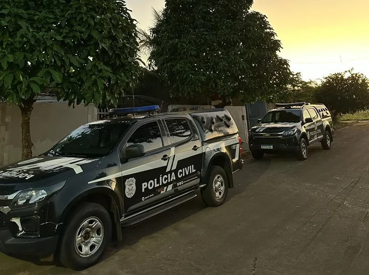 Viaturas da Polícia Civil estacionadas ao lado de árvores