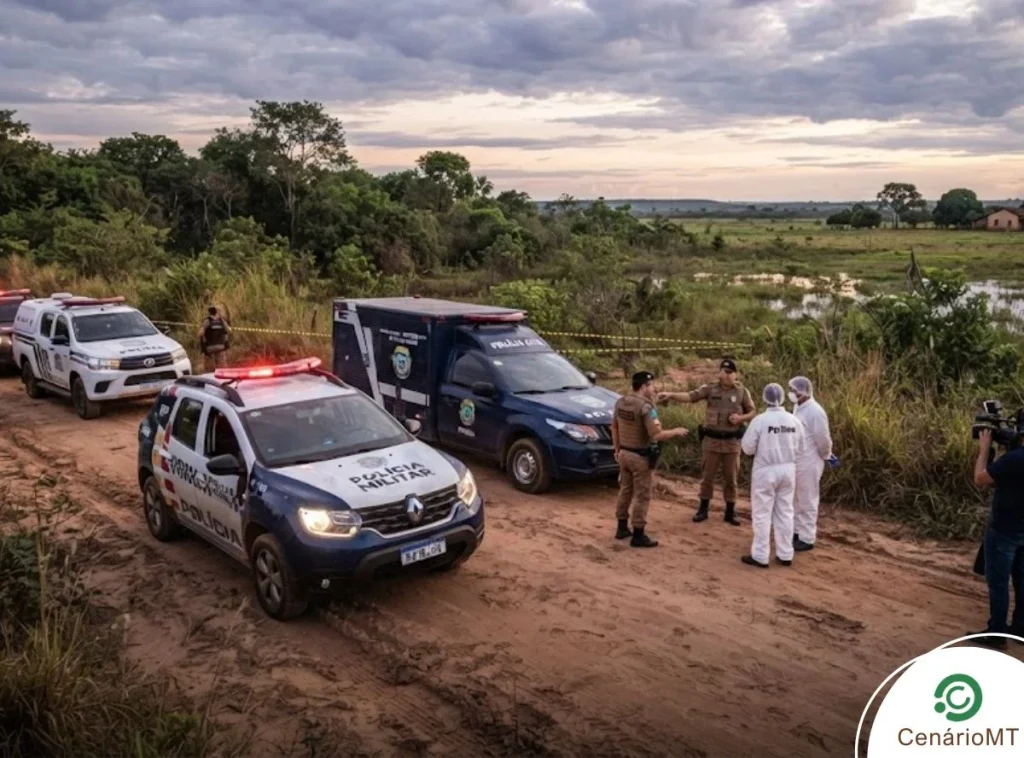 Policiais e investigadores forenses na zona rural de Poconé