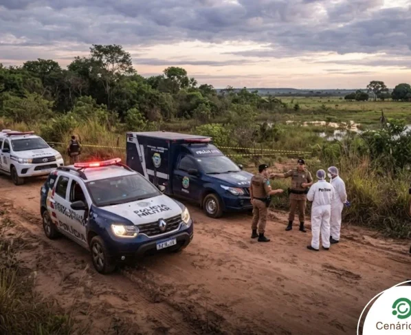 Policiais e investigadores forenses na zona rural de Poconé