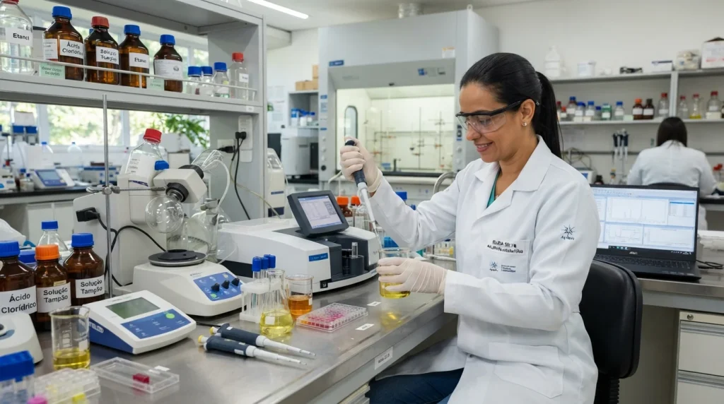 Analista de laboratório com jaleco e óculos de proteção realizando testes químicos em bancada com equipamentos modernos