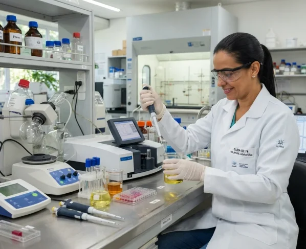 Analista de laboratório com jaleco e óculos de proteção realizando testes químicos em bancada com equipamentos modernos