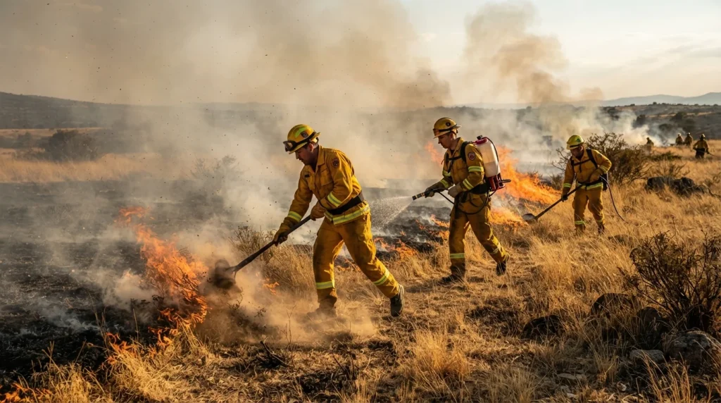 Bombeiros combatendo incêndio em vegetação seca com abafadores