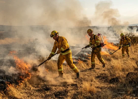 Bombeiros combatendo incêndio em vegetação seca com abafadores