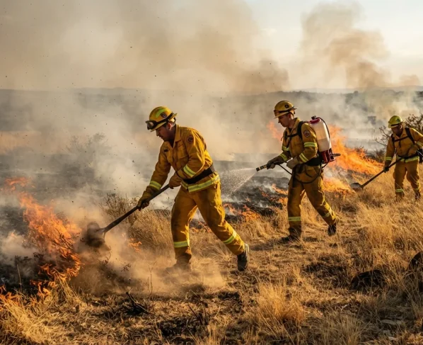 Bombeiros combatendo incêndio em vegetação seca com abafadores