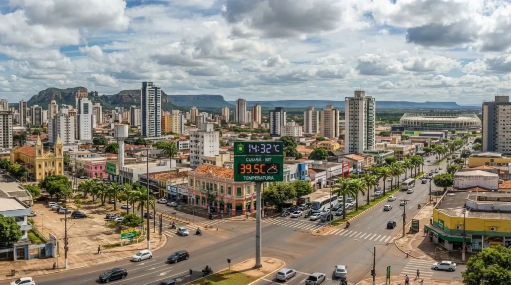Paisagem urbana de Cuiabá sob céu parcialmente nublado com termômetro de rua indicando alta temperatura ao fundo