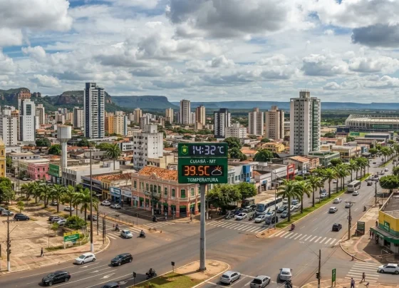 Paisagem urbana de Cuiabá sob céu parcialmente nublado com termômetro de rua indicando alta temperatura ao fundo