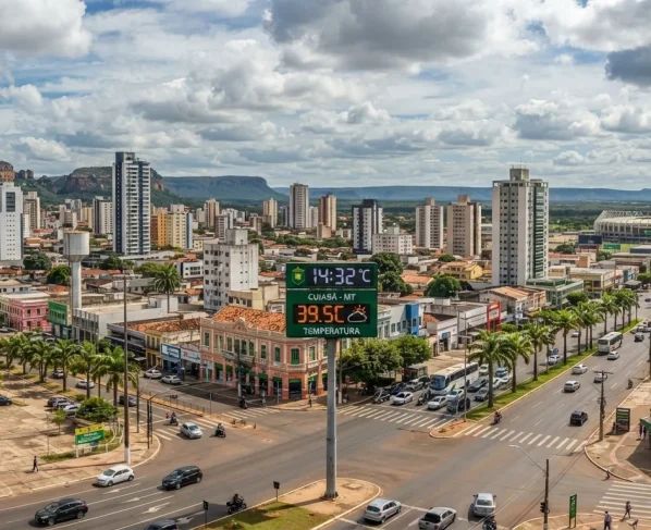 Paisagem urbana de Cuiabá sob céu parcialmente nublado com termômetro de rua indicando alta temperatura ao fundo