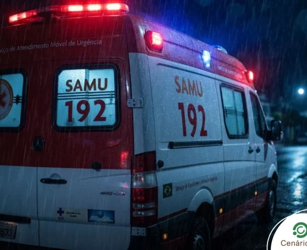Ambulância do Samu durante chuva de noite