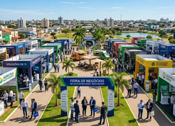 Feira de negócios com estandes comerciais em ambiente aberto