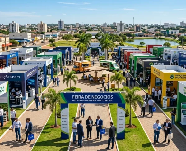 Feira de negócios com estandes comerciais em ambiente aberto