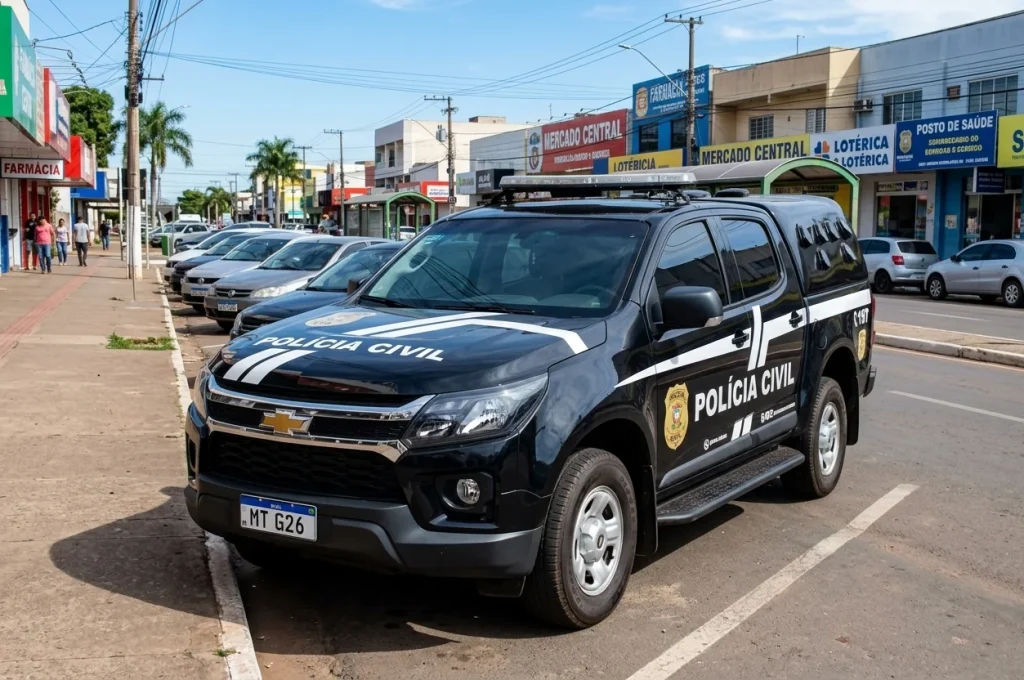 viatura da Polícia Civil estacionada em uma zona urbana de MT