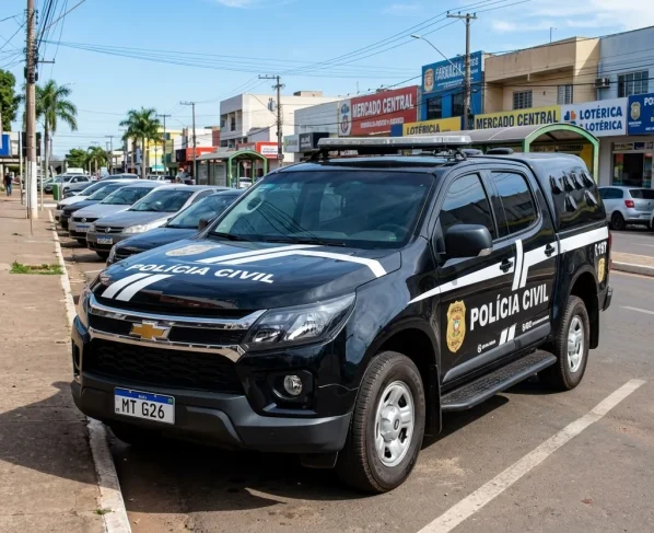 viatura da Polícia Civil estacionada em uma zona urbana de MT