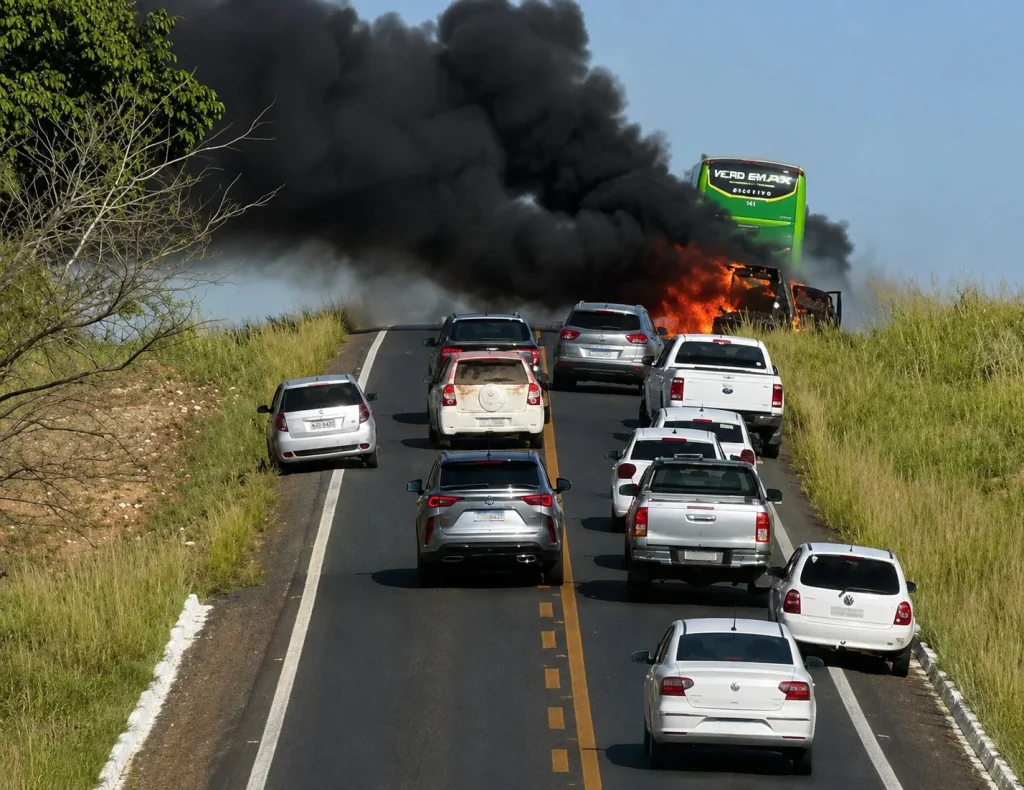 Carro pega fogo na Estrada da Guia e incêndio assusta motoristas na tarde deste domingo