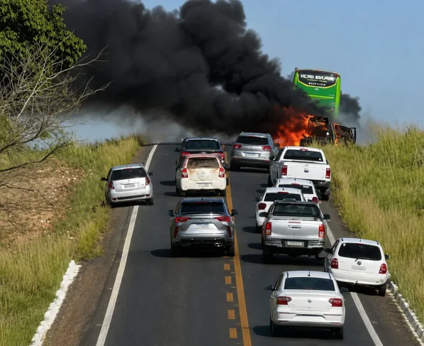 Carro pega fogo na Estrada da Guia e incêndio assusta motoristas na tarde deste domingo