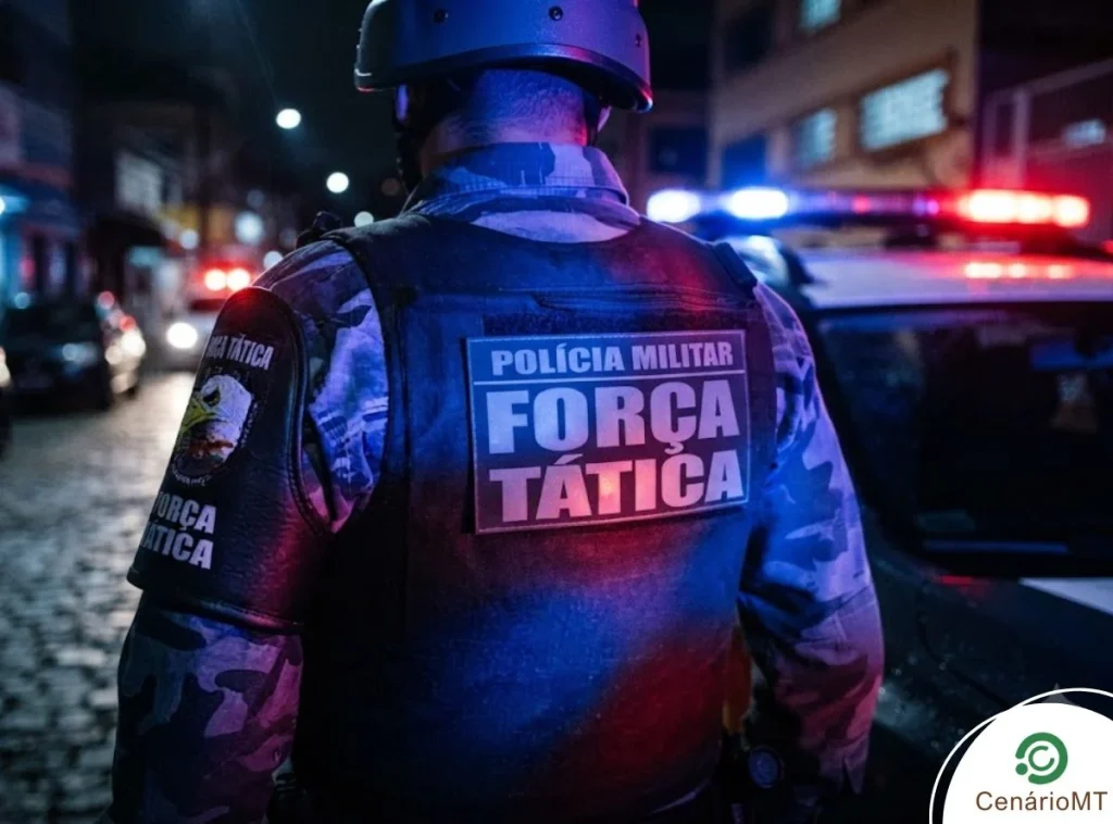 Policial militar da força tática ao lado de viatura