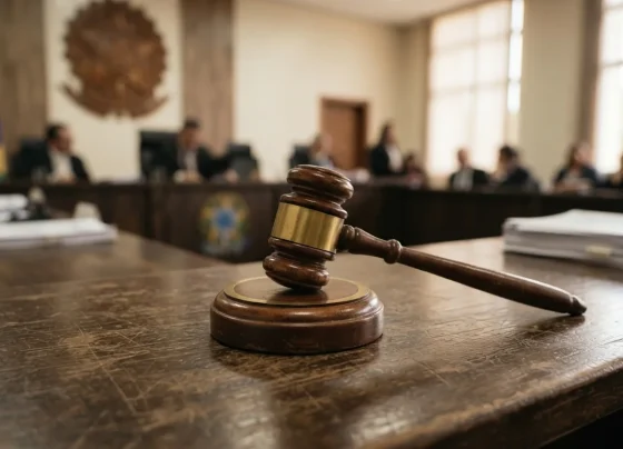 Gavel de juiz em cima de uma mesa, fundo embaçado