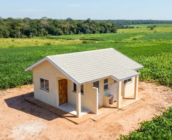 Casa do minha casa minha vida rural em Mato Grosso cercada por plantação e vegetação verde sob luz do dia