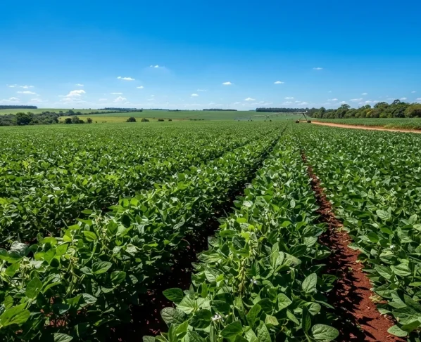 Plantação de soja em estágio de desenvolvimento sob céu aberto com luz solar intensa no campo