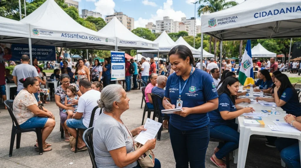 Atendimento humanizado a cidadãos em praça pública com tendas institucionais e equipes de assistência social