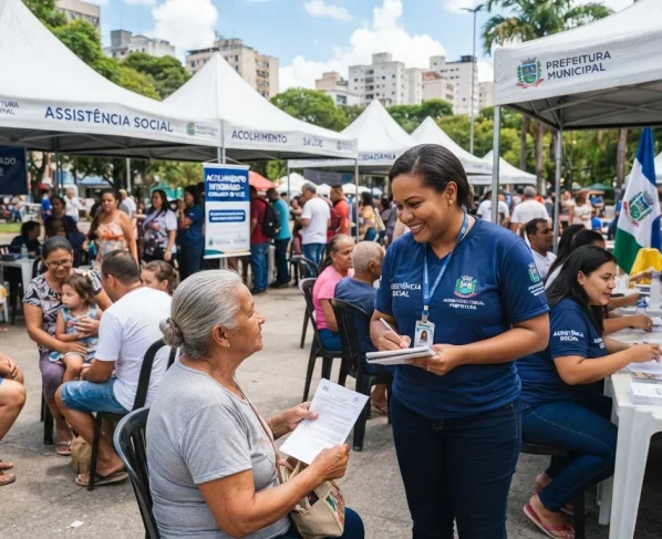 Atendimento humanizado a cidadãos em praça pública com tendas institucionais e equipes de assistência social