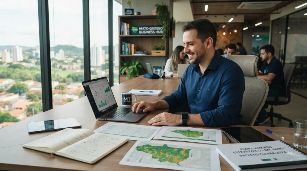 Empreendedor sorridente utilizando notebook em escritório moderno com documentos de planejamento