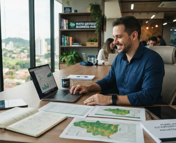 Empreendedor sorridente utilizando notebook em escritório moderno com documentos de planejamento
