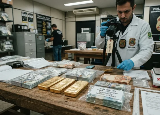 Barra de ouro e cédulas de dinheiro apreendidas em operação policial sobre mesa de perícia