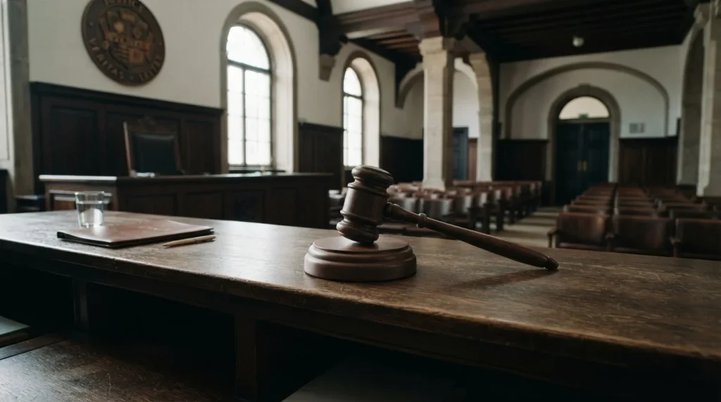 Gavel de juiz em tribunal vazio