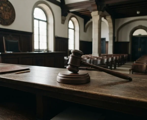 Gavel de juiz em tribunal vazio