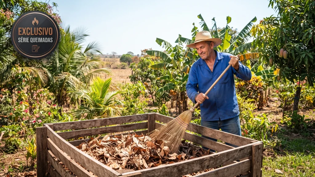 Morador recolhendo folhas secas para compostagem em quintal residencial no interior de Mato Grosso.