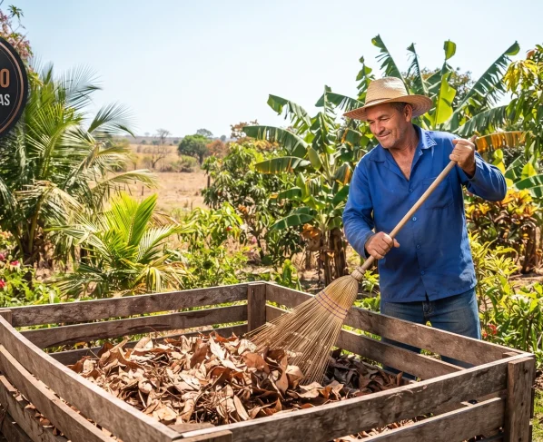 Morador recolhendo folhas secas para compostagem em quintal residencial no interior de Mato Grosso.