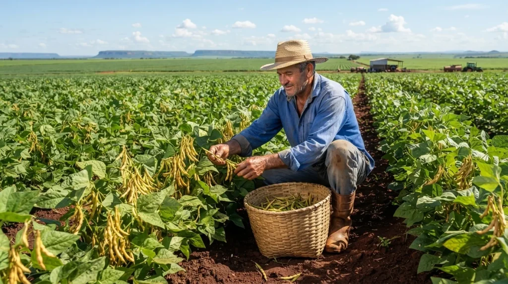 Agricultor familiar colhendo feijão-caupi em lavoura de Mato Grosso sob luz do dia