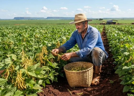 Agricultor familiar colhendo feijão-caupi em lavoura de Mato Grosso sob luz do dia