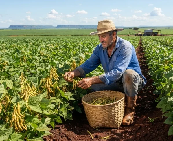 Agricultor familiar colhendo feijão-caupi em lavoura de Mato Grosso sob luz do dia