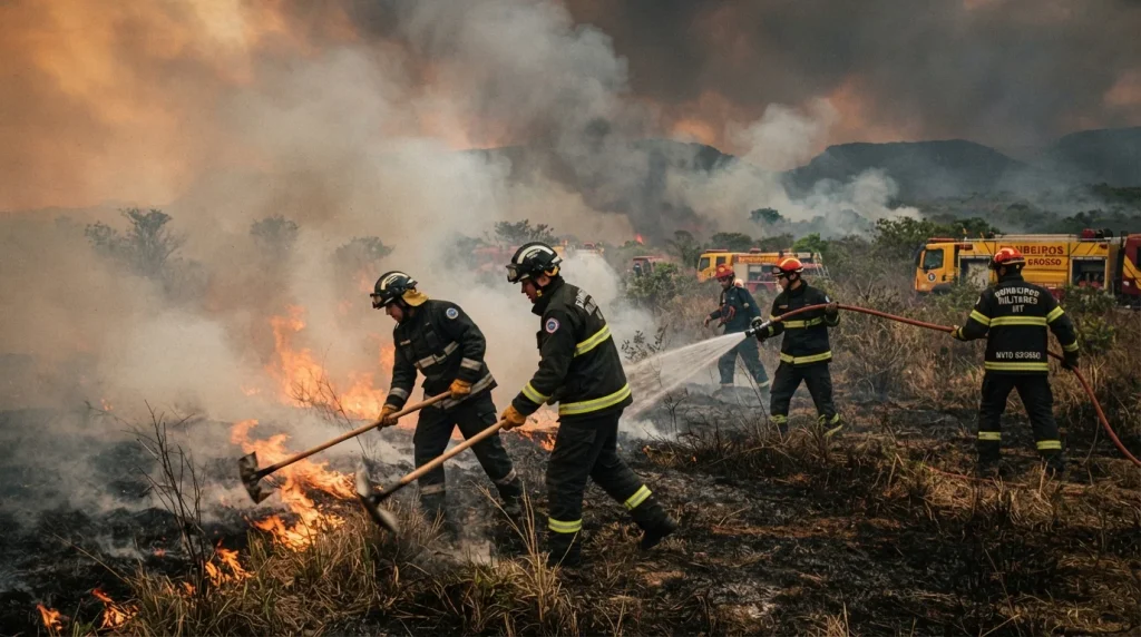 Equipe de bombeiros combatendo incêndio em vegetação rasteira com abafadores e mangueira sob forte fumaça em Mato Grosso