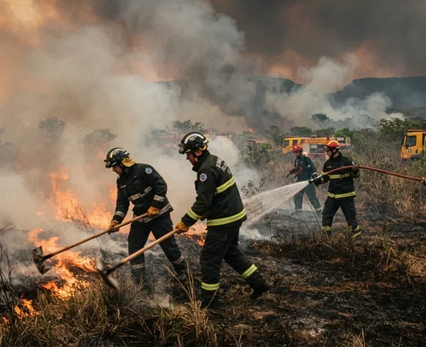 Equipe de bombeiros combatendo incêndio em vegetação rasteira com abafadores e mangueira sob forte fumaça em Mato Grosso