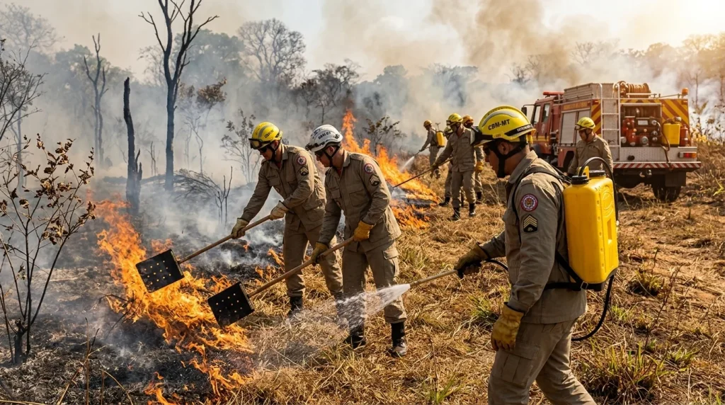 Bombeiros militares combatendo foco de incêndio florestal com abafadores e bombas costais em área de vegetação