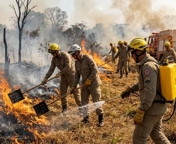 Bombeiros militares combatendo foco de incêndio florestal com abafadores e bombas costais em área de vegetação
