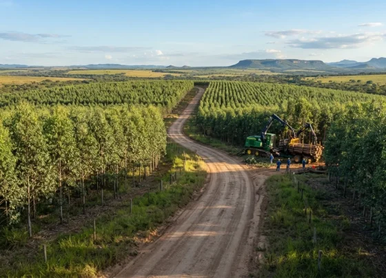 Plantação florestal de eucalipto em área rural com estradinha de terra e maquinário agrícola ao fundo